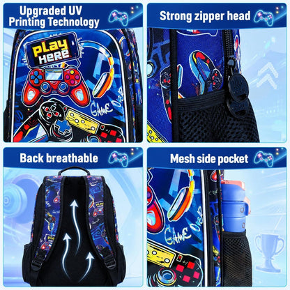CCJPX 3PCS Gamer Backpack for Boys, 16 Inch Kids Water Resistant Preschool Bookbags, Cool Kindergarten School Backpacks and Lunch Box