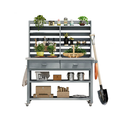 Merax 64.9"H Outdoor Potting Bench Table with Lockable Wheels, Solid Wood Outdoor Kitchen Island with Upper Hutch, Stainless Steel Top, Towel Rack, Outdoor Storage for Grilling, Lawn Garden, Grey Blue
