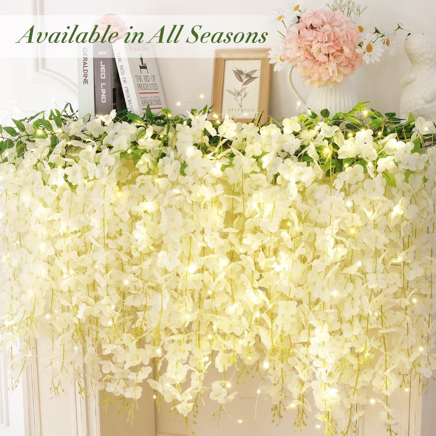60 Pack White Wisteria Hanging Flowers, Fake Hanging Flowers for Decoration, Artificial Hanging Flowers, Vines for Bedroom, Flower Garland for Home, Party, Garden, Wall, Wedding Decoration(3.6 Ft/Pcs)