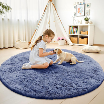 OLANLY Denim Blue Round Area Rug - Soft, Fluffy, Machine Washable 8 ft Circle Carpet for Bedroom & Living Room