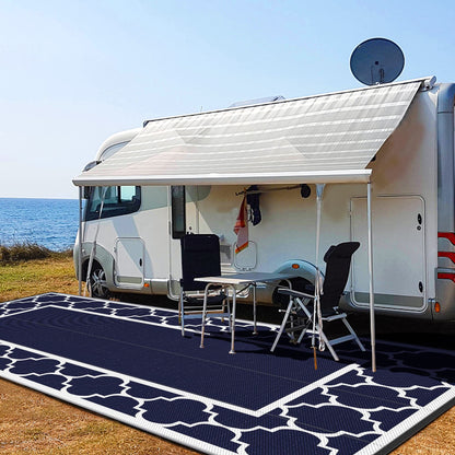 GENIMO 10 ' x 20 ' Outdoor Rug Waterproof for Patio Decor, Foldable Reversible Plastic Straw Area Rugs Mat for Camper, Outside Carpet for Rv, Deck, Porch, Picnic, Beach, Balcony, Blue & White