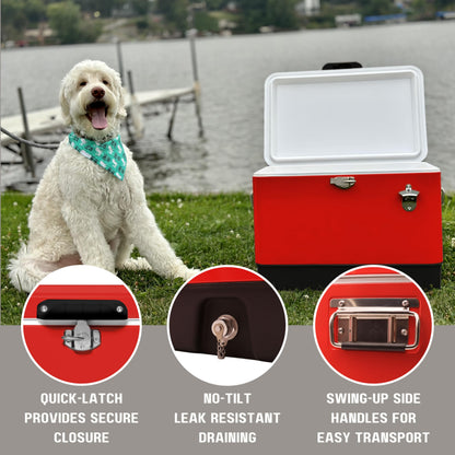 FSE Hard-Sided 54 Qt Metal Cooler, 80 Can Vintage Ice Chest, Durable Two-Tone Design with Latch Lid, Built-in Bottle Opener, Plastic Liner & Side Handles, Red/Black