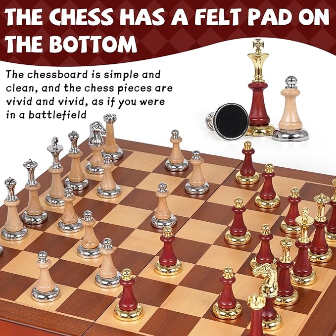 Large Wooden Chess Set with Metal &amp Wooden Chess Pieces Luxury 17 Inch Chess Board Game with 2 Extra Queens Premium Classic Strategy Board Game for Adults Kids Beginners &amp Gift Lovers