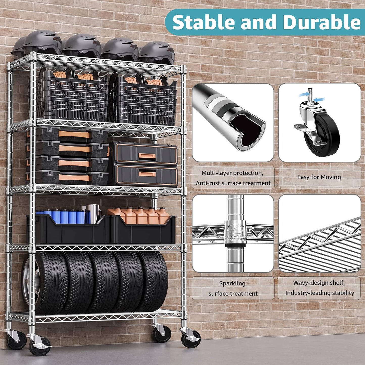 M MZG 5-Shelf Storage Shelves,Wire Shelving Heavy Duty Metal Storage Shelving Unit Adjustable Garage Shelving Rack Pantry Kitchen (Chrome, 5 Tier,17.7" D x 47.2" W x 76.7" H)
