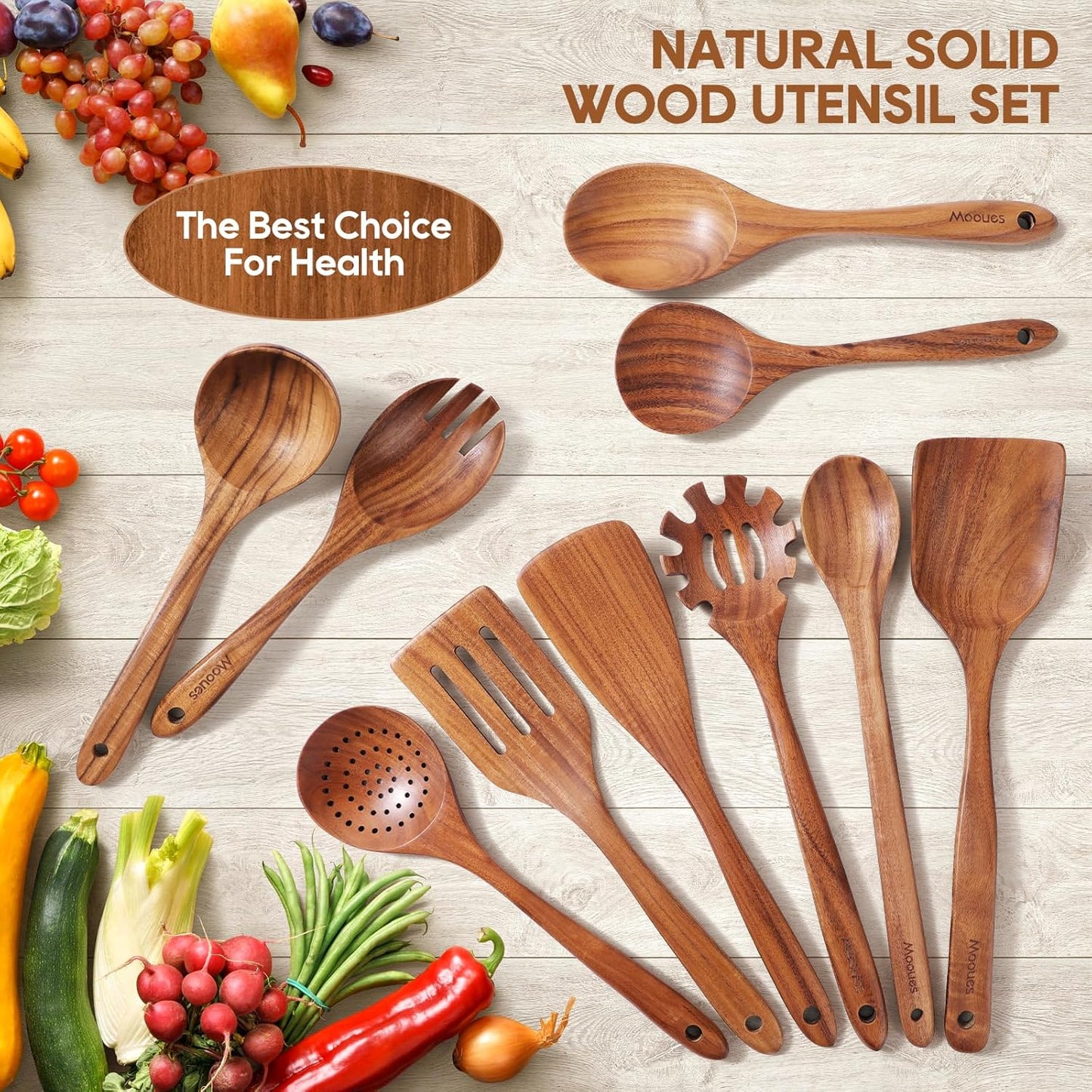 Skiennix Wooden Spoons - 10PCS Teak Wood Cooking Utensil Set with Hooks | Smooth Finish, Heat Resistant