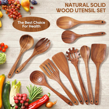 Skiennix Wooden Spoons - 10PCS Teak Wood Cooking Utensil Set with Hooks | Smooth Finish, Heat Resistant