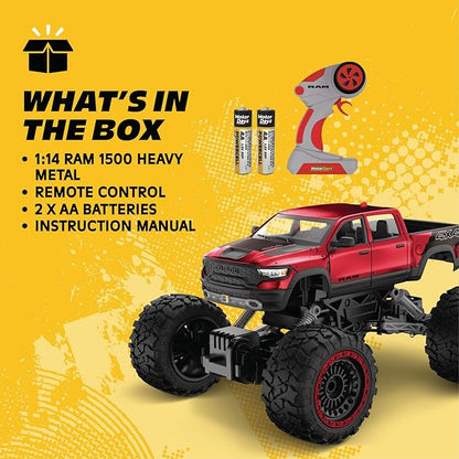 RC 4WD Heavy Metal RAM 1500 Pickup Truck – 1:14 Scale Officially Licensed Stamped Metal Body 4x4 All-Wheel Drive 2.4GHz Full-Function Remote Control Ready-to-Run USB Charging Red