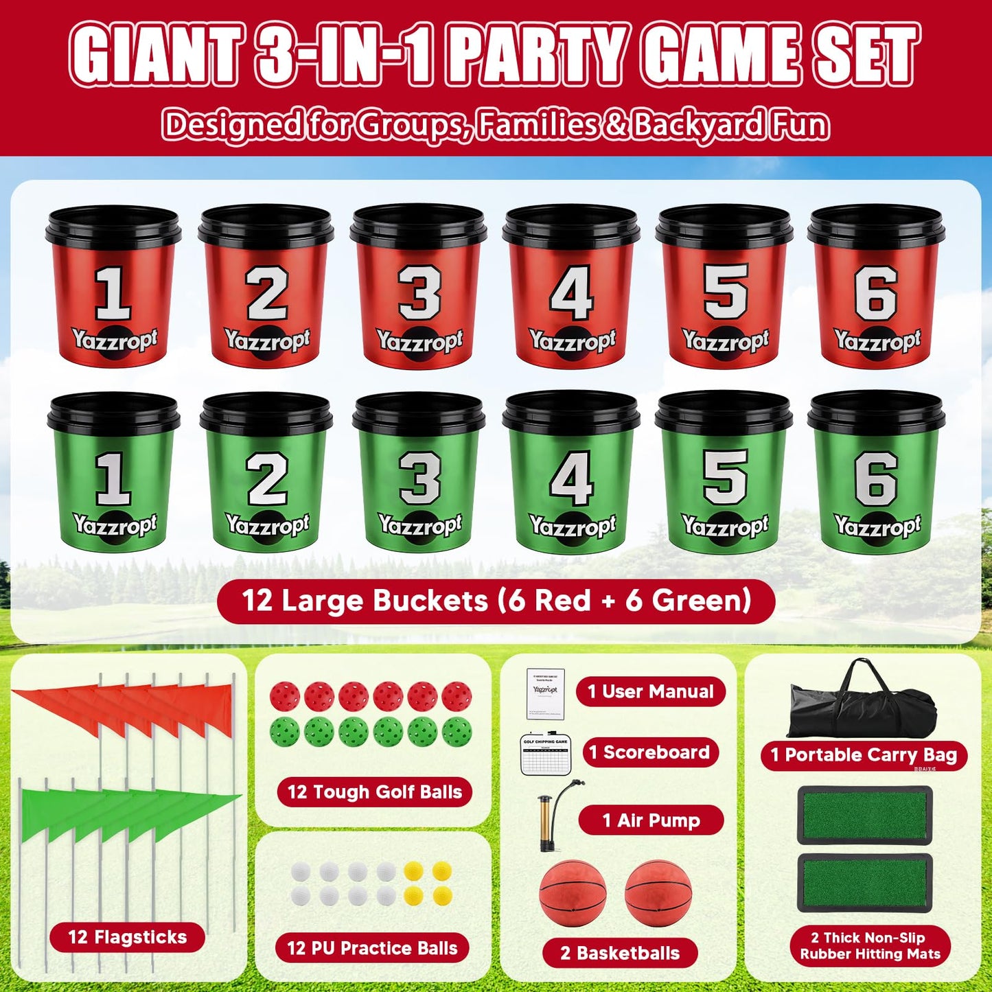 Yazzropt Giant 3-in-1 Outdoor Backyard Party Game Set – Bucket Golf, Yard Pong Basketball & Toss Games – Large Outdoor/Indoor Lawn Games for Adults & Families, Beach & Camping