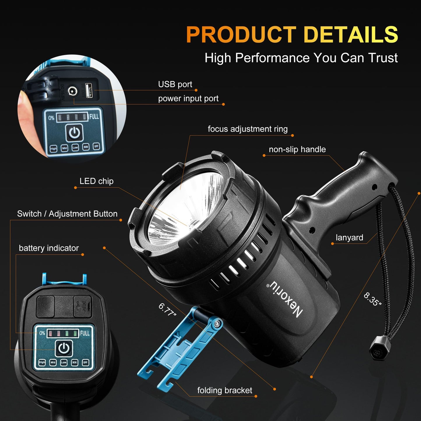 Nexoriu 10000 Lumens Rechargeable Spotlight