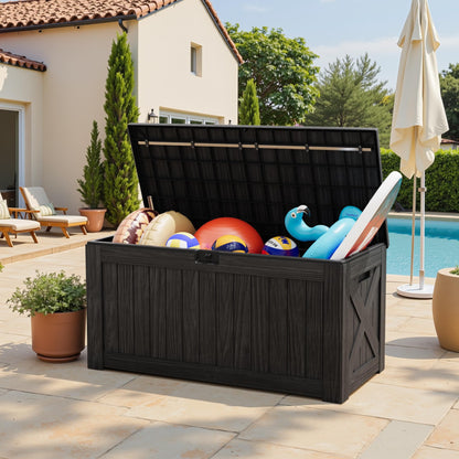 Greesum Outdoor Storage Box 120 Gallon Storage Bin with Lid for Patio Furniture, Garden Tools, Pool Supplies, Lockable, Waterproof and UV Resistant, Black