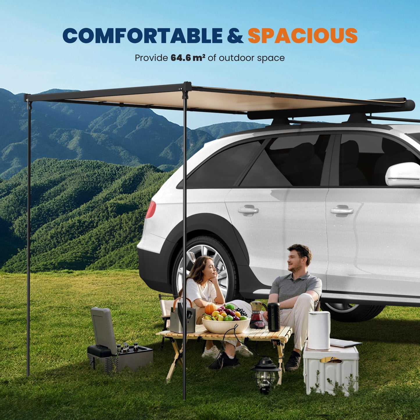 KUIPERAUTO Vehicle Awning Car 6.6'x9.8' Pull-Out Roof Rack Side, Sunshade UV50+ Waterproof PU5000mm Aluminum Shell for Camping, Height Adjustable Shadow Shelter Fit for SUV Trucks, Beige