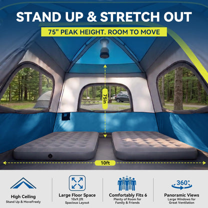 6 Person Instant Cabin Tent, Quick & Easy Setup Automatic Camping Tent, Waterproof Windproof Family Tent with Top Rainfly and Carry Bag, Portable Outdoor Shelter for Hiking & Traveling