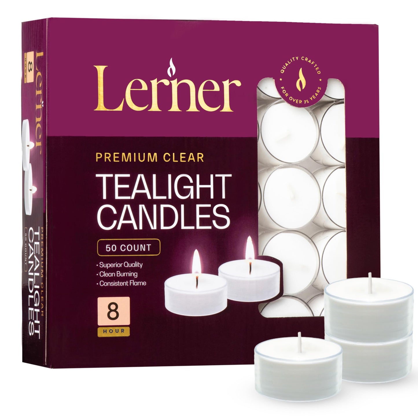 Lerner Clear Tea Lights Candles Bulk - Long Burning 8 Hour Clear Cup Tealight 50 Pack - Consistent Smkless Clean Burning - Holiday, Wedding, Spa, Emergency and Home Decoration Candles