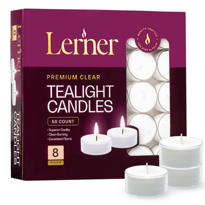 Lerner Clear Tea Lights Candles Bulk - Long Burning 8 Hour Clear Cup Tealight 50 Pack - Consistent Smkless Clean Burning - Holiday, Wedding, Spa, Emergency and Home Decoration Candles
