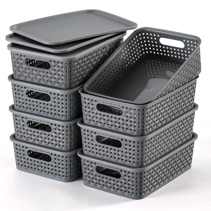 NETANY [ 8 Pack ] Plastic Storage Baskets With Lids, Small Pantry Organization, Stackable Storage Bins, Household Organizers for Cabinets, Countertop, Drawers, Under Sink or On Shelves,Gray