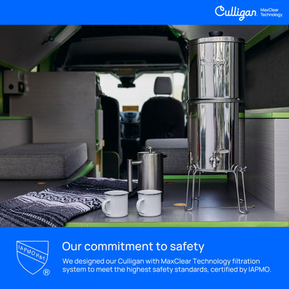 Culligan MaxClear 2.25 Gallon Gravity Water Filter System, Brushed Stainless-Steel Countertop Water Filter NSF/ANSI Certified to Reduce Microplastics, Lead & Total PFAS, with 1 Ceramic Filter