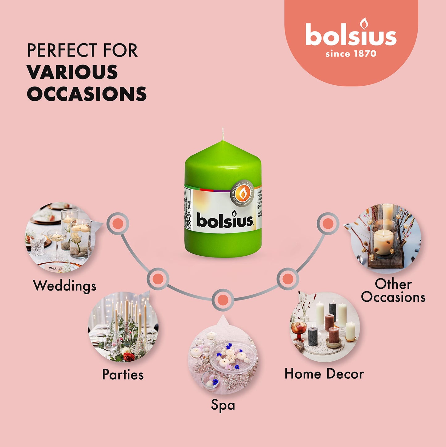 BOLSIUS 10 Lime Green Pillar Candles - 2.25 x 3.25 Inches - Premium European Quality - Individually Wrapped - 17 Burn Hours - Dripless Smokeless Unscented Dinner, Wedding, Party, & Home Decor Candles