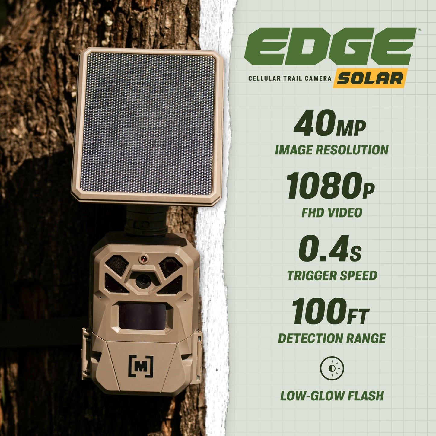 Moultrie Edge Solar Cellular Trail Camera - Integrated Solar Panel with Battery - 40MP - 1080p Video - Night Vision - Multi-Carrier LTE Auto-Connect - Built-in Memory - 0.4s Trigger Speed