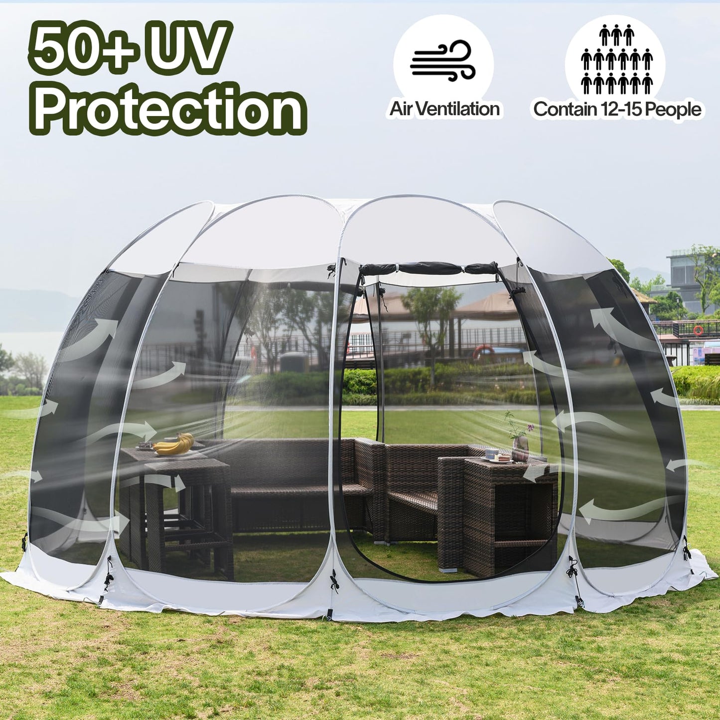 Alvantor 15'x15' Pop Up Screen House Tent, Instant Outdoor Gazebo with Mosquito Netting & UPF 50+ Sun Protection, Portable Canopy Shelter for Patio, Backyard, Camping (12-15 Person),Grey