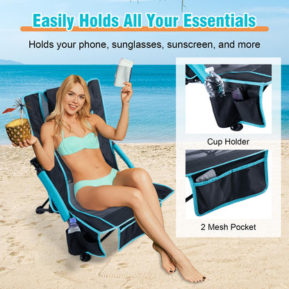 CHANGE MOORE Low Beach Chair with 2-in-1 Cooler Bag, Support up to 300lbs Folding Beach Chairs for Adults 2 Pack with Cup Holder, Removable Pillow & Carry Bag for Outdoor Sand Lawn Picnic Travel Blue