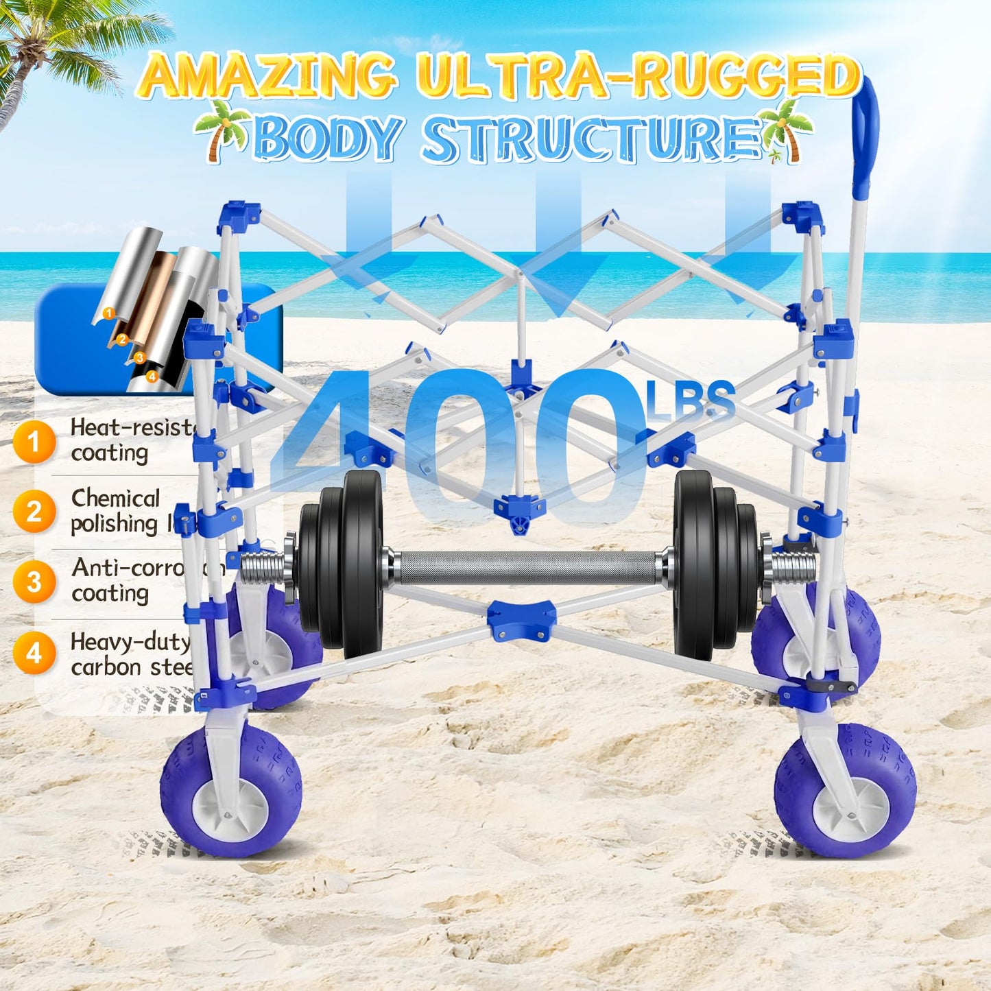 CAtArt Beach Wagon with Big Wheels for Sand, 400LBS Heavy Duty Foldable Wagons Carts, 9" All-Terrain PVC Inflatable Tires, Easy Storage for Beach, Grocery Shopping, Sports Camping (Blue)