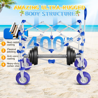 CAtArt Beach Wagon with Big Wheels for Sand, 400LBS Heavy Duty Foldable Wagons Carts, 9" All-Terrain PVC Inflatable Tires, Easy Storage for Beach, Grocery Shopping, Sports Camping (Blue)