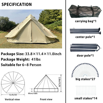 DANCHEL OUTDOOR B2 Portable Yurt with Stove Jack for All Year Living, 4 Season Bell Tent 6 Person Family Camping Glamping Party 300D Oxford Khaki,5m/16.4ft