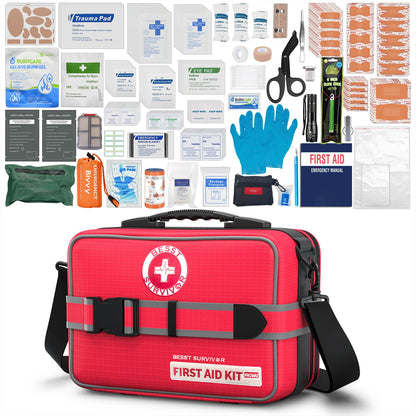 Besst Survivor 401 Piece First Aid Kit with Chest Seals -Labeled, Expandable & Mountable, Emergency Medical Kit for Home, Car, Camping & Outdoor, Waterproof Trauma Kits with Labeled Compartments