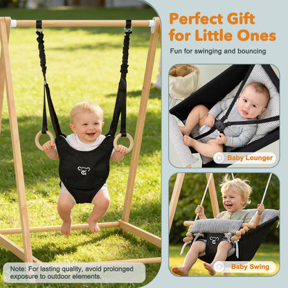 2-in-1 Baby Jumper & Swing, Montessori Wooden Toddler Swing Set with Stand for Indoor/Outdoor, Baby Bouncer Jumper & Hammock Swing with 5-Point Harness, Suitable for Children Ages Up to 3 Yrs