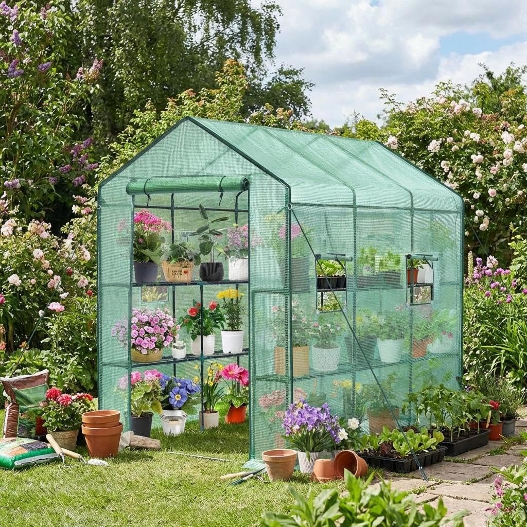 Walk-in Greenhouse with Shelves, 57"X85"X77" Heavy Duty Portable Outdoor Greenhouse, 3-Tier 18-Shelf Plant House with PE Cover, Mesh Door & Screen Windows for Plants, Flowers, Seedlings Gardening