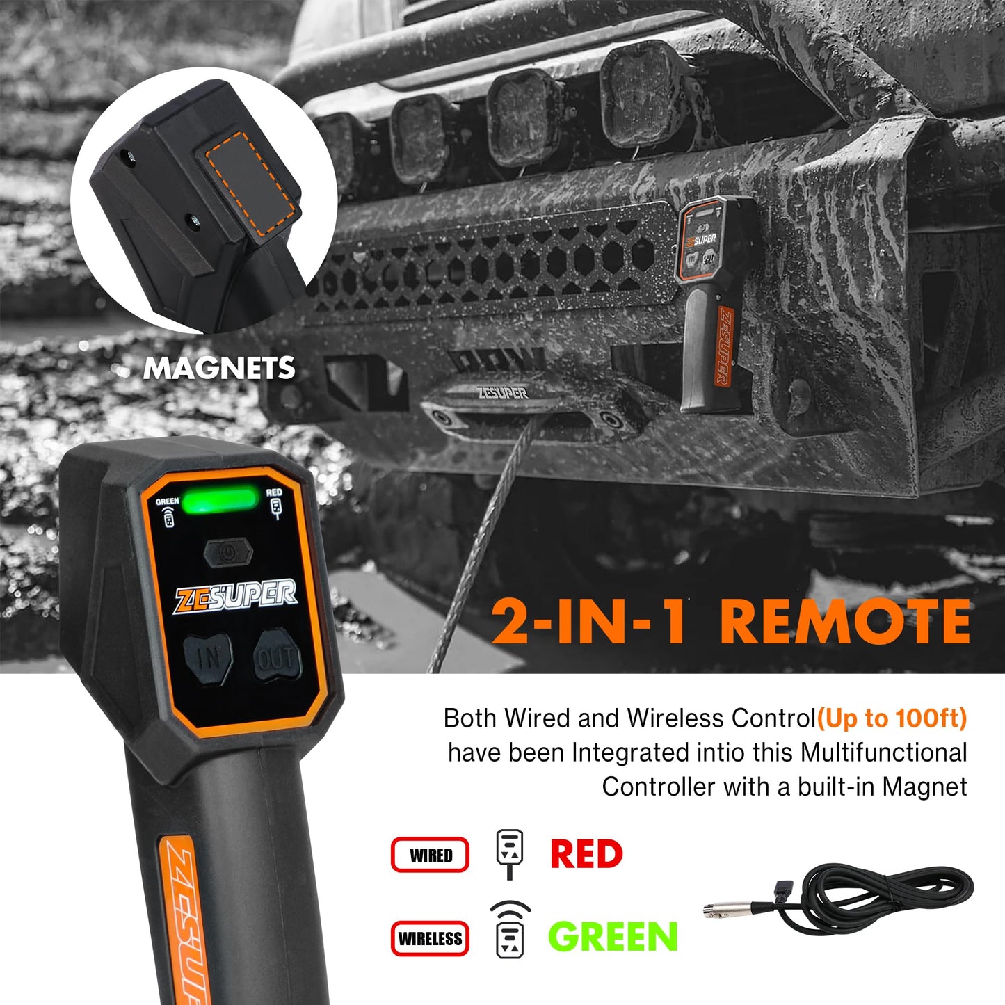 ZESUPER 13500 lb Load Capacity 12V Electric Winch 100ft Synthetic Rope Hook Winch Kit for Jeeps Trailer Truck SUV Waterproof IP68 Winches with Hawse Fairlead and 2 in 1 Wired&Wireless Handle Remote