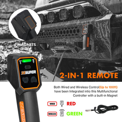 ZESUPER 13500 lb Load Capacity 12V Electric Winch 100ft Synthetic Rope Hook Winch Kit for Jeeps Trailer Truck SUV Waterproof IP68 Winches with Hawse Fairlead and 2 in 1 Wired&Wireless Handle Remote