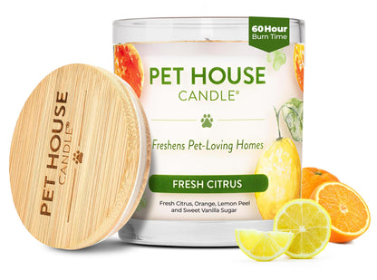 One Fur All Pet House Vanilla Candle Plant-Based/Soy - Clean Burning Scented, Long Lasting Pet Odor Candle for Home - Fresh Citrus