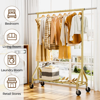 HYSEYY Heavy Duty Clothes Rack Load 450 LBS, Metal Garment Rack, Standing Rolling Clothing Rack for Hanging Clothes with Sturdy Wheels & Shelves, Portable Closet Wardrobe Rack,Gold
