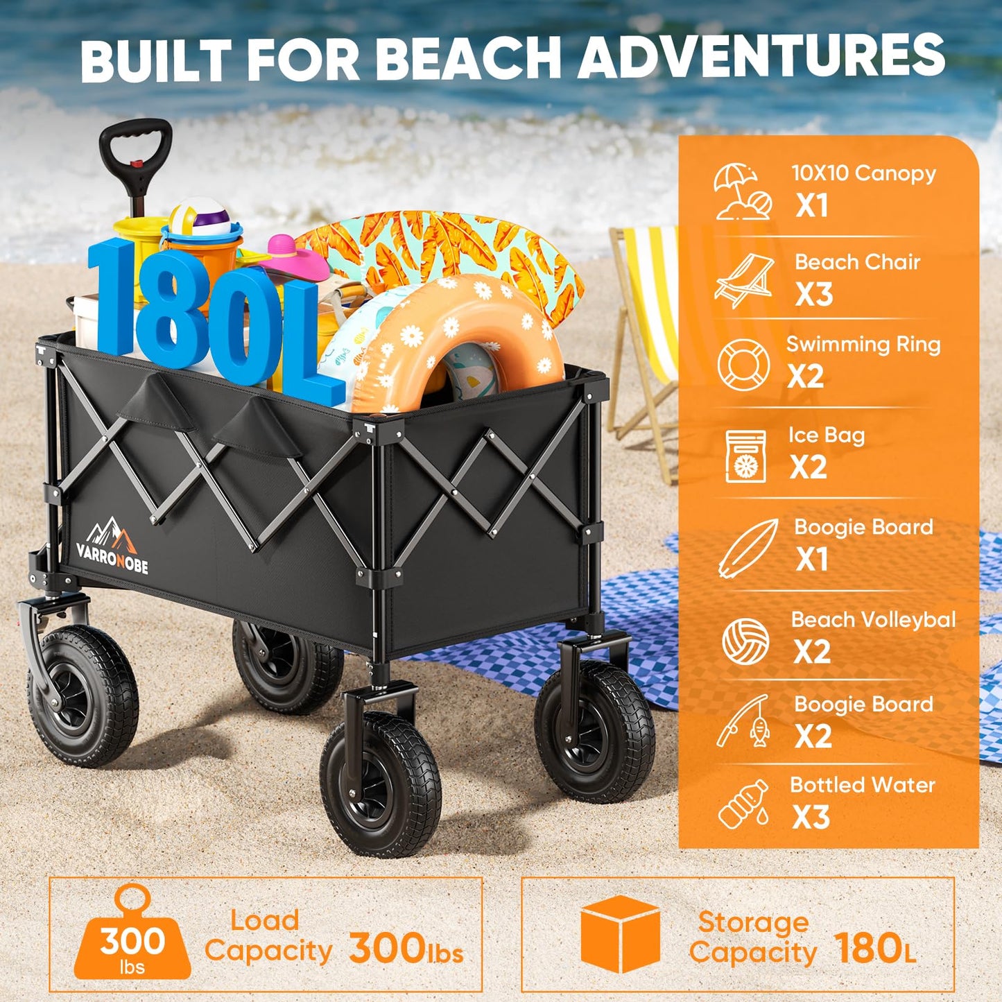 Big Rubber Wheels Beach Wagon Cart Foldable, 9x3 All-Terrain Wheels, Heavy Duty Collapsible Utility Wagon with 330lbs Capacity, 180L Storage, Compact, Easy Transport for Sand Camping Sports, Black