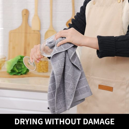 Homaxy 100% Cotton Terry Kitchen Towels(Light Grey, 13 x 28 Inches), Checkered Designed, Soft and Super Absorbent Dish Towels, 4 Pack