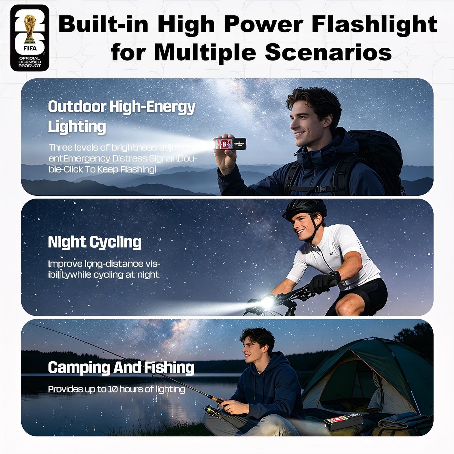 Covbozk FIFA World Cup 2026 Licensed 5-Gear Wind Handheld Turbo Fan and 3-in-1 Wireless Earbuds Flashlight for Outdoor Travel
