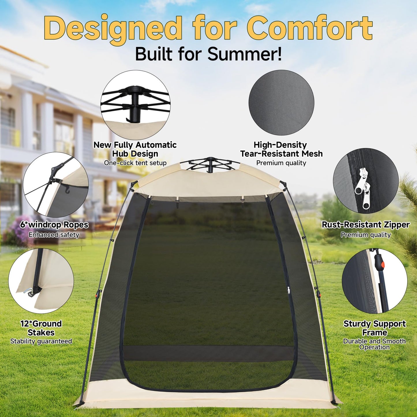 EighteenTek® Screen House Gazebo, 2-4 Person Pop Up Screen Tent, Instant Screen Room with Carry Bag, Outdoor Mosquito Tent Pop-Up, Sun Shade Shelter for Patio, Garden, Backyard, Deck 7 x 4 x 6.5 FT