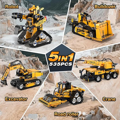 5 in 1 Building Toys STEM Robotics Kit for Kids 6-14 Remote &amp APP Controlled STEM Excavator/Truck/Robot/Bulldozer/Roller 535 PCS Blocks RC Robot Erector Sets Birthday Gift for 8 10 11 12+ Years