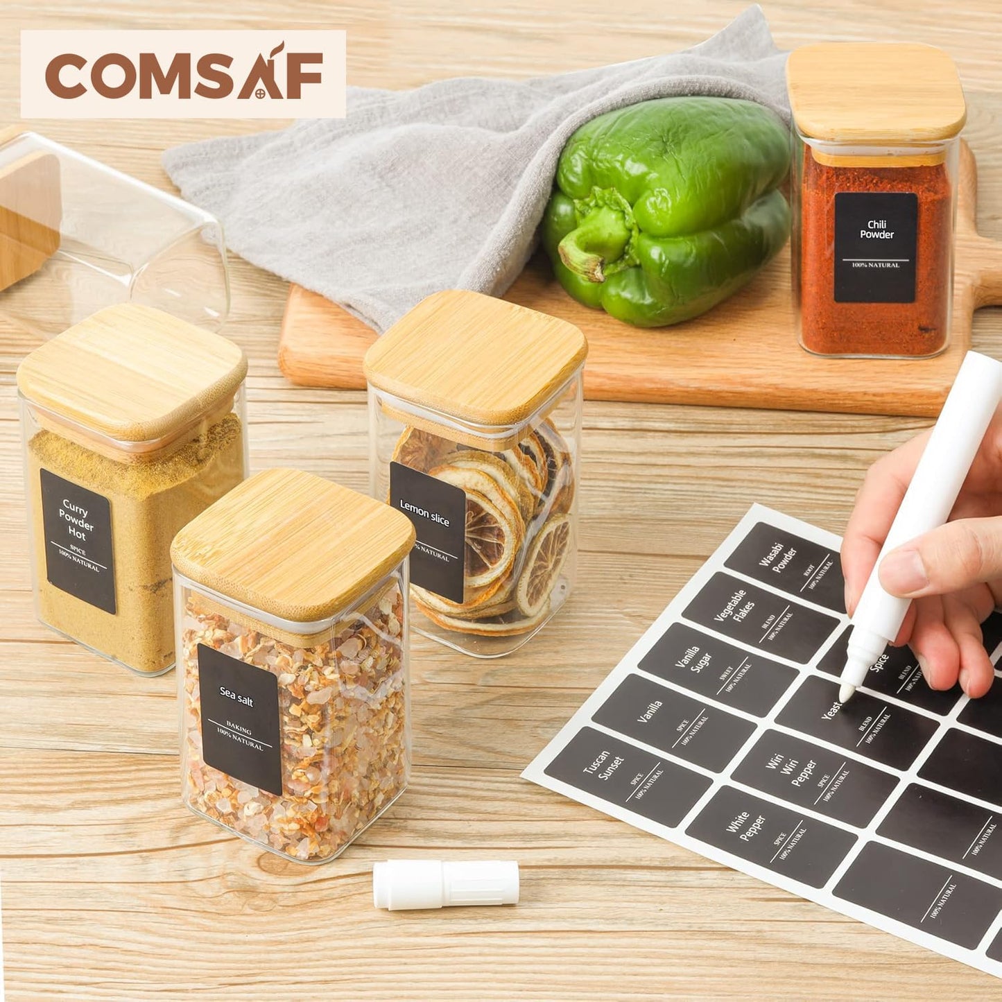 ComSaf 16Pcs Glass Spice Jars with Bamboo Lid, 4oz Airtight Square Spice Containers with 275 Black Lables, Empty Seasoning Jars for Spice Salt Sugar