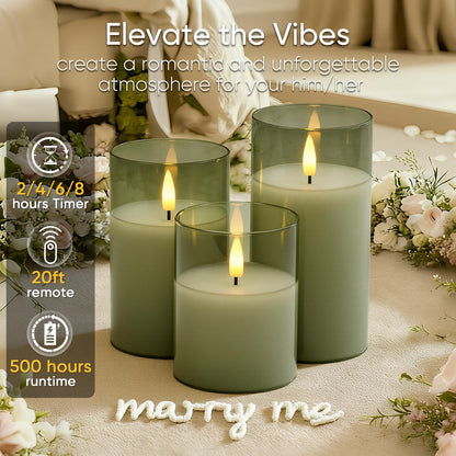 5plots Glass Battery Operated Green Flameless Candles with Remote Timer, 3D Wick Real Wax Pillar Led Candles Warm Flickering Light for Indoor Home, Halloween, Christmas Decor D3 x H4 5" 6", Set of 3