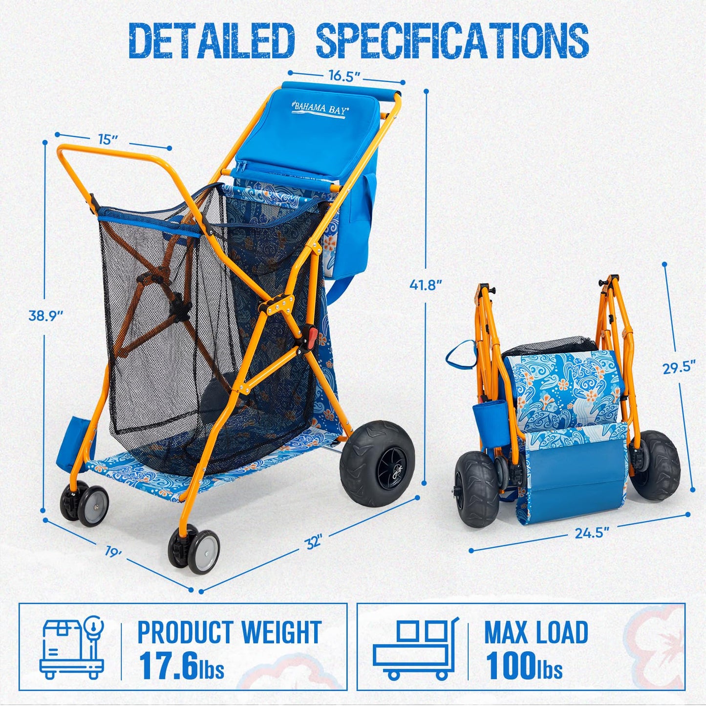 Old Bahama Bay Heavy Duty Beach Cart with 9” Balloon Wheels, All-Terrain Sand Wagon Replacement, Inflatable Big Wheels for Soft Sand, Foldable Beach Gear Carrier with Cooler & Umbrella Holder, 100lbs