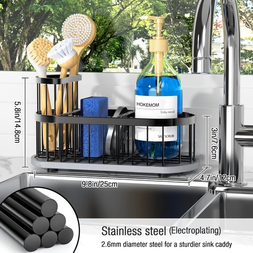 HOKEMOM Sponge Holder for Kitchen Sink with High Brush Holder, [Stay-Dry Anywhere & No Drainage Needed] Rustproof Stainless Steel Kitchen Sink Caddy Organizer with Water Absorbing Stone Tray, Black