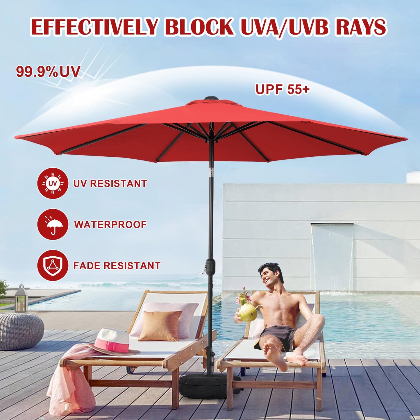 Sundale Outdoor Olefin 5-Year-Non-Fading 10FT Patio Umbrella with Sand Bag Base, Outdoor Umbrella with Tilt and Crank, Red