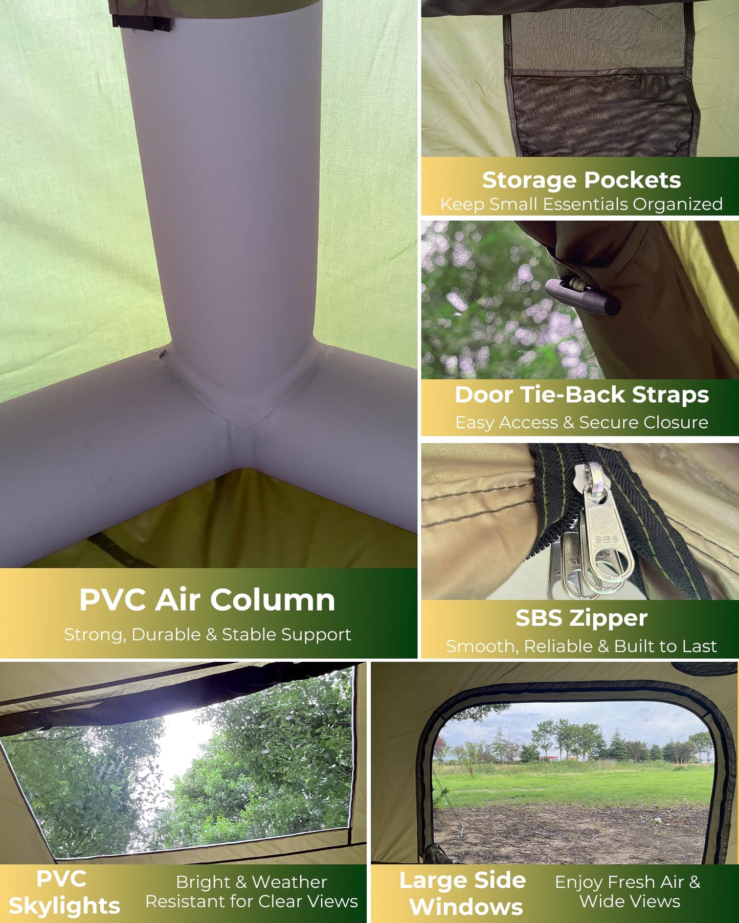 Inflatable Camping Tent for 3-4 Person, Oxford Fabric Blow Up Tent with Skylight, Easy 5-Minute Setup Air Tent, Waterproof Glamping Tent with Large Door & Windows for Family Camping, Festivals
