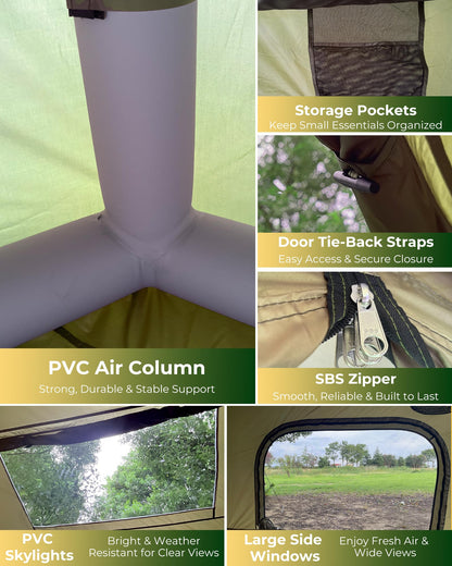 Inflatable Camping Tent for 3-4 Person, Oxford Fabric Blow Up Tent with Skylight, Easy 5-Minute Setup Air Tent, Waterproof Glamping Tent with Large Door & Windows for Family Camping, Festivals