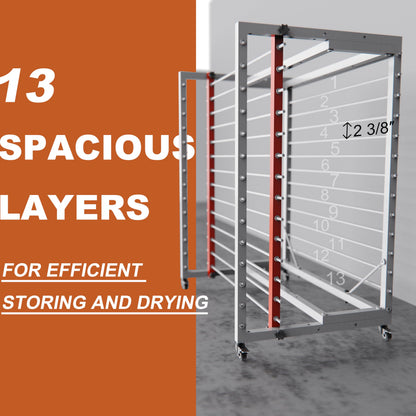 Sytekor Drying Painting Rack for Cabinet Doors – 13-Tier Metal Panel Stand with Locking Wheels and Adjustable Depth