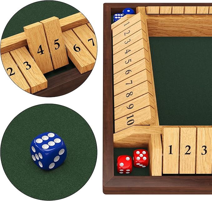 Shut The Box Game 4 Player Wooden Board Game Dice Game Classic Math Learning Game for Kids -12 x 12