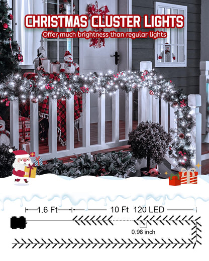 Minetom Christmas Outdoor Lights, 10Ft 120 LED Fire er String, Battery Operated, Cool White, 4 Pack