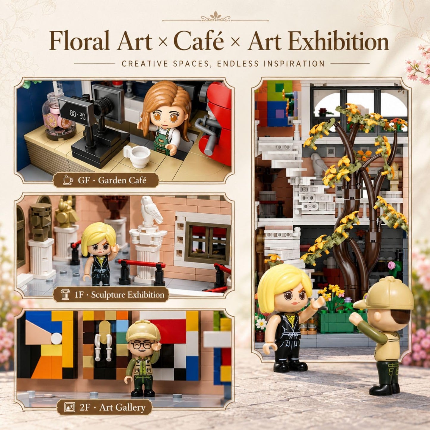 PANTASY Blossom Café Modular Building Set, 3-Story European Glasshouse Landmark with Café, Art Gallery & Floral Atrium, Openable Glass Door Design, Collectible Architecture Model Kit for Adults